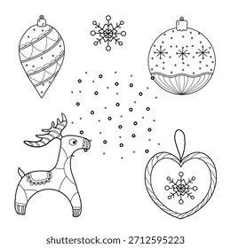 Línea de arte. Conjunto de decoraciones de árboles de Navidad, copos de nieve, nieve. Para tu diseño.