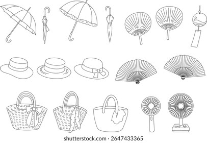 Um conjunto de arte de linha de itens de verão clássicos, incluindo chapéus, chapéus de sol, sacos de palha, ventiladores elétricos portáteis e retrô, ventiladores uchiwa, ventiladores dobráveis e sinos de vento.