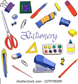 Line art set with colorful stationery color set on white background. Hand drawing. White background. Line design. Blue color. Design set.