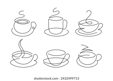 Line art, a set of contour coffee cups. Sketch, vector