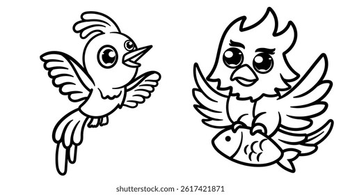 Line art set of Cute Exotic Bird illustration. Animal Icon for Education Book or Coloring Pages