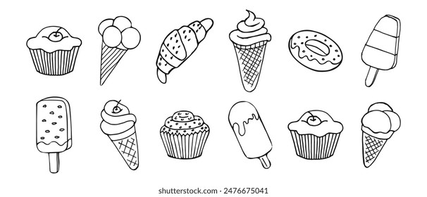 Line art set of desserts, cupcakes, ice cream and croissants. Illustration, sketch, vector