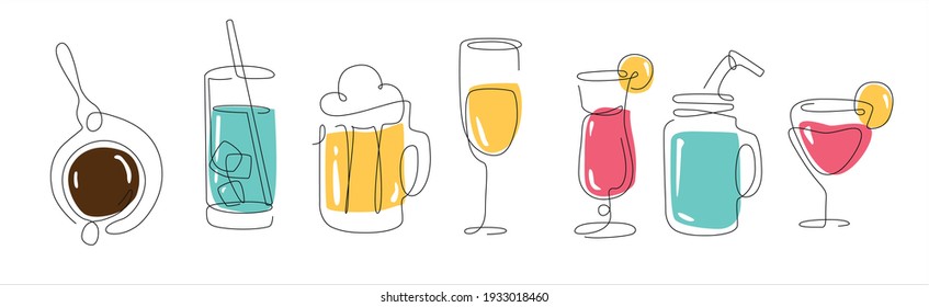 Line art Set with drinks. beer one line. Coffee and water continuous line. smoothy and other drink outline.	