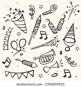 Line art set of fireworks doodle. Fireckrackers in doodle.