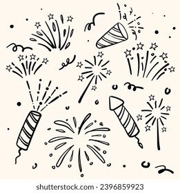 Line art set of fireworks doodle. Fireckrackers in doodle.