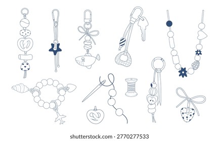 Line art set of handmade bead jewelry elements and charms isolated on white background. Minimal DIY accessories collection for craft, fashion design and creative hobby projects.