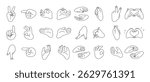 Line art set of Hands gestures with editable unexpanded outlines, stroke in curves. Gesturing human arms making Heart shape, showing OK sign and holding pen. Doodle style vector illustration