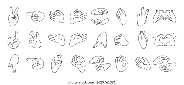 Line art set of Hands gestures with editable unexpanded outlines, stroke in curves. Gesturing human arms making Heart shape, showing OK sign and holding pen. Doodle style vector illustration