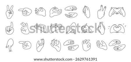 Line art set of Hands gestures with editable unexpanded outlines, stroke in curves. Gesturing human arms making Heart shape, showing OK sign and holding pen. Doodle style vector illustration