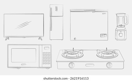 Line art set of household kitchen and electronic appliances including TV, refrigerator, microwave, chest freezer, gas stove, and blender.