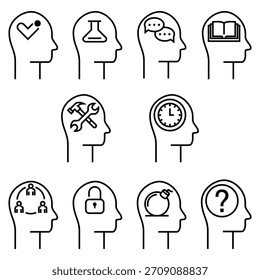 Conjunto de arte lineal de perfiles de cabeza humana que contienen diferentes iconos simbólicos que representan ideas, habilidades, tiempo, seguridad, comunicación y resolución de problemas.