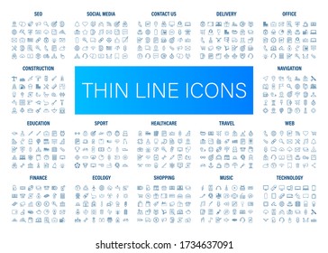 Line art set with icon set. Thin line. Social media, technology, seo, logistic, education, sport, medicine, travel, weather, construction, finance, contact us, music. Vector stock illustration.