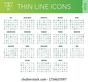 Line Art Set mit Icon Set. Dünne Linie. Soziale Medien, Technologie, Seo, Logistik, Bildung, Sport, Medizin, Reisen, Wetter, Bauwesen, Finanzen, kontaktieren Sie uns, Musik. Vector Stock Illustration.