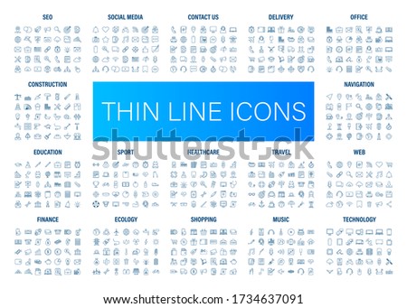 Line art set with icon set. Thin line. Social media, technology, seo, logistic, education, sport, medicine, travel, weather, construction, finance, contact us, music. Vector stock illustration.