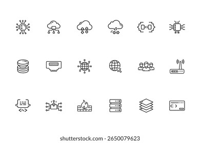 Line art set information technology icons depicting various digital concepts on internet
