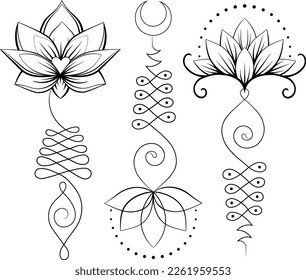 Line art set of lotus and sacred geometry. Unalome symbol. Yoga, Buddhism, spiritual symbols.