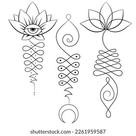 Line art set of lotus and sacred geometry. Unalome symbol. Yoga, Buddhism, spiritual symbols.