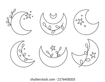 Line art set of moon and plants, crescent moon doodle