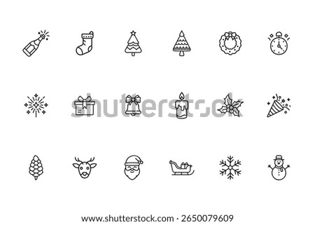 Line art set New Year Christmas holiday icons on NewYear
