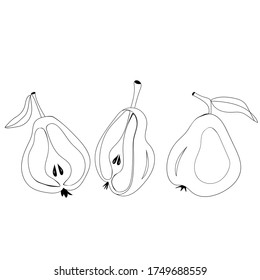 Line-Art-Set von Birnen-Vektorgrafik Birnen-Hub-Symbole, Fruchtsymbole auf weißem Hintergrund, einzeln. Schwarz-Weiß-Vektorgrafik. Vegetarisches gesundes Essen. Bio-Früchte. Flaches Symbol.