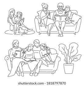 Line Art Set Of People Reading A Book Together, Sketch Vector Illustration Isolated On White Background. Line Cartoon Characters Of Family Members Reading.