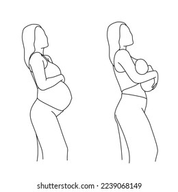 Line art set for pregnant women and motherhood, pregnant and after birth. Mom hug newborn baby. Line art isolated on white background. Mother's day.