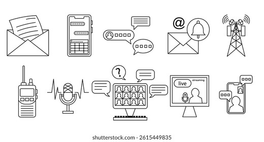 line art set representing modern communication. email, messaging, video calls, streaming and online chat. editable strokes