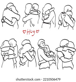 line art set of romantic couple hugging illustration vector hand drawn isolated on white background line art. 