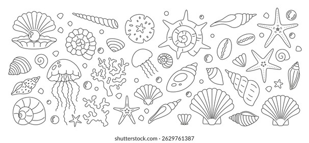 Linha arte conjunto de conchas, pérolas, corais, estrelas-do-mar e águas-vivas com contornos não expandidos editáveis, traço em curvas. Ilustração vetorial estilo Doodle perfeito para colorir livros e temas marinhos