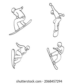 line art set of snowboarder in action illustration vector isolated on white background