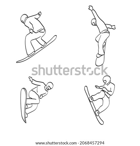line art set of snowboarder in action illustration vector isolated on white background