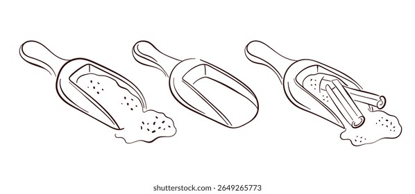 Linha de arte conjunto de colher de especiarias com pó e canela pau. Perfeito para o design de cozinha, livro de receitas, embalagem ou projetos temáticos culinários em estilo vintage.