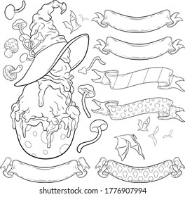 Line art set of stylized dessert in witch hat, bats, mushrooms and various pattern ribbons. Vector illustrations for your Halloween, costume party and other designs. Coloring book page.