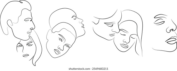 line art set of various people in love in various poses and shapes drawn with several lines, for various logos or designs