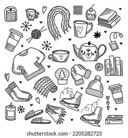 Line art set of vector elements. Pack of flat icons. Winter Hygge collection, symbol of snow, outside sports and cozy home time. Hand drawn doodle outline design for package, banners and cards.
