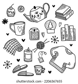 Line art set of vector elements. Pack of flat icons. Winter Hygge collection, symbol of snow, outside sports and cozy home time. Hand drawn doodle outline design for package, banners and cards.
