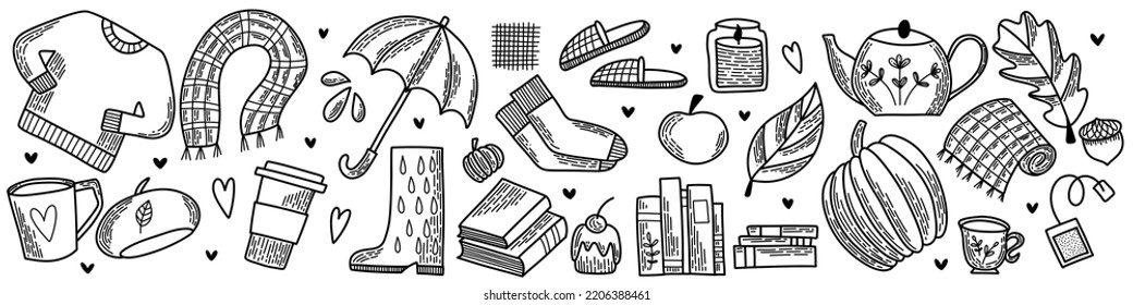 Line art set of vector elements. Pack of flat icons. Autumn Hygge collection, symbol of snow, outside sports and cozy home time. Hand drawn doodle outline design for package, banners and cards.
