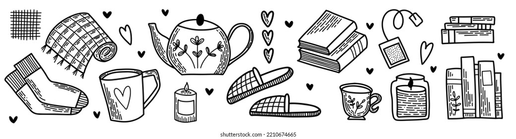 Line art set of vector elements. Pack of flat icons. Autumn Hygge collection, symbol of snow, outside sports and cozy home time. Hand drawn doodle outline design for package, banners and cards.
