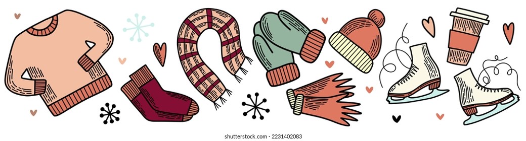 Line art set of vector elements. Pack of flat icons. Winter Hygge collection, symbol of snow, outside sports and cozy home time. Hand drawn doodle outline design for package, banners and cards.
