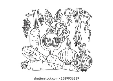 Line art set of vegetables isolated on white background. Hand drawn outline black and white botanical carrots, onions, beets vector illustration. Graphic design for Birthday Invitation Coloring Book