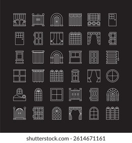 Line Art Set of Windows and Doors Icons on Black Background	