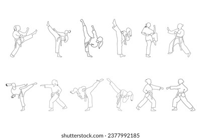 Line art set women of karate silhouette vector. Boxing and competition silhouettes vector image, Boxing black white elements set with fighter sports clothing isolated, Boxing silhouette 