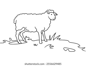 Line Art of a Sheep Grazing on Grass 