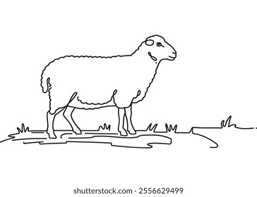 Line Art of a Sheep Grazing on Grass 