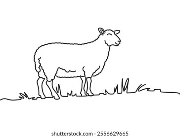 Line Art of a Sheep Grazing on Grass 