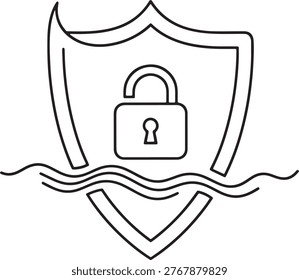 Line art shield with padlock partially submerged in wavy water security concept