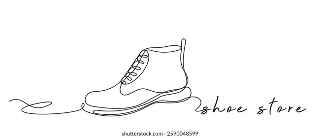Line Art Shoe Boot Doodle Silhouette. Modern Store Shop Banner Advertising Background. Footwear Trendy Minimalist Theme. Continuous Editable Vector Thin Sketch Stroke.