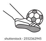 line art, shoe-clad feet kicking a ball, playing soccer, black and white art