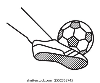 line art, shoe-clad feet kicking a ball, playing soccer, black and white art