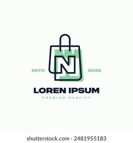 Line art shopping bag whose lines seamlessly connect with the letter N. Suitable for representing all shopping, with a modern vibe.